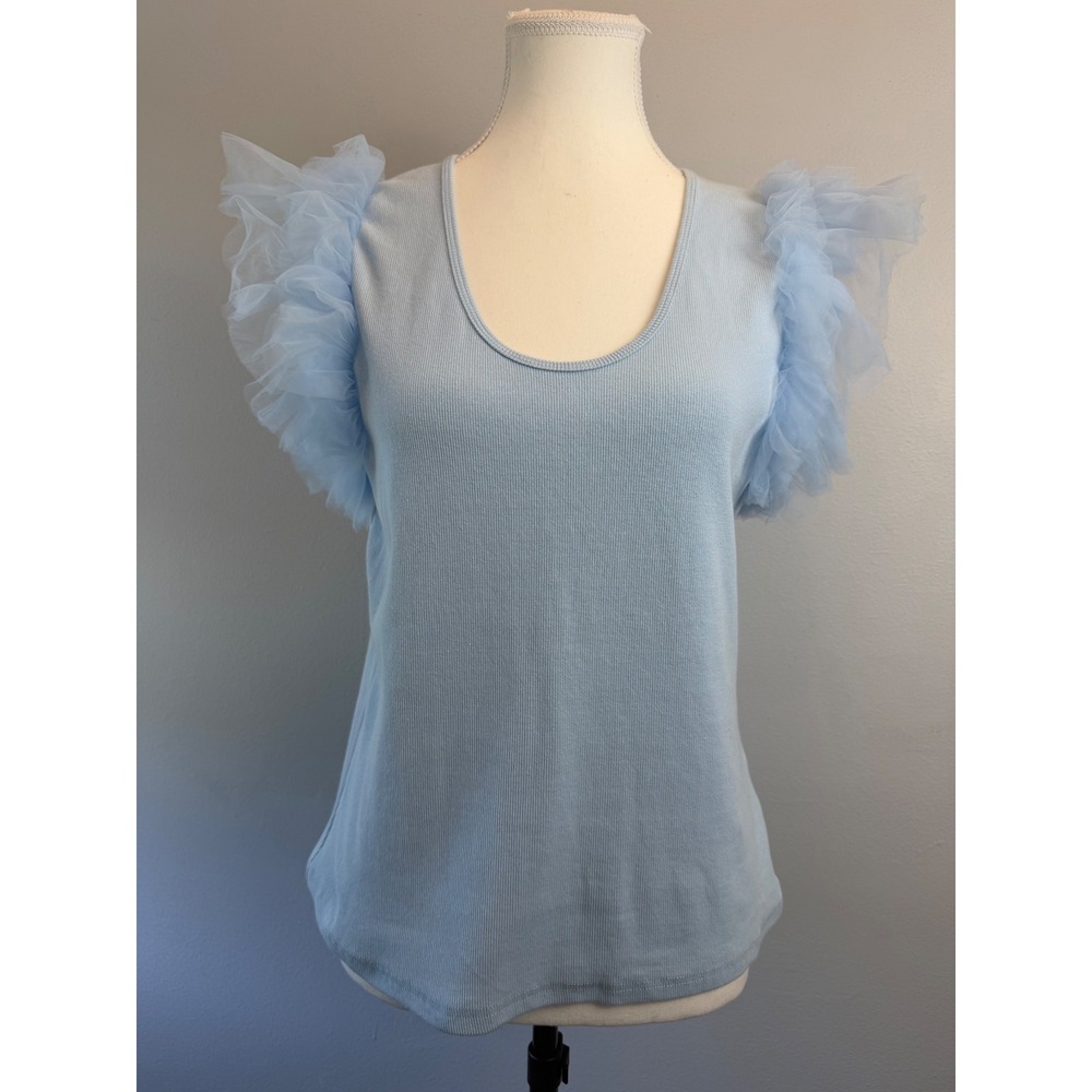 Dolan Anthropologie Blue‎ Ribbed Tulle Ruffle Sleeve Top Scoop Neck